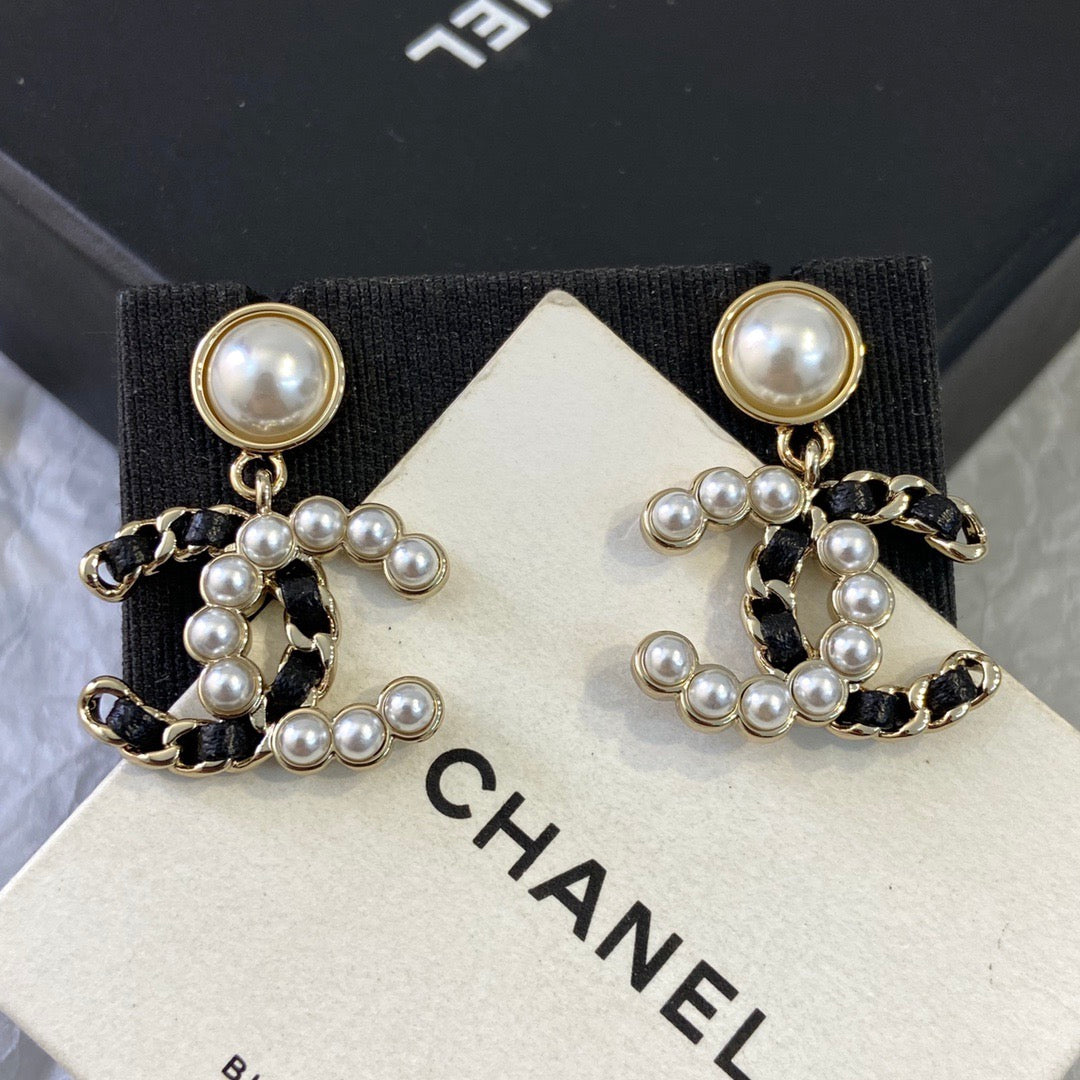 Chanel Black Leather Pearl Earrings